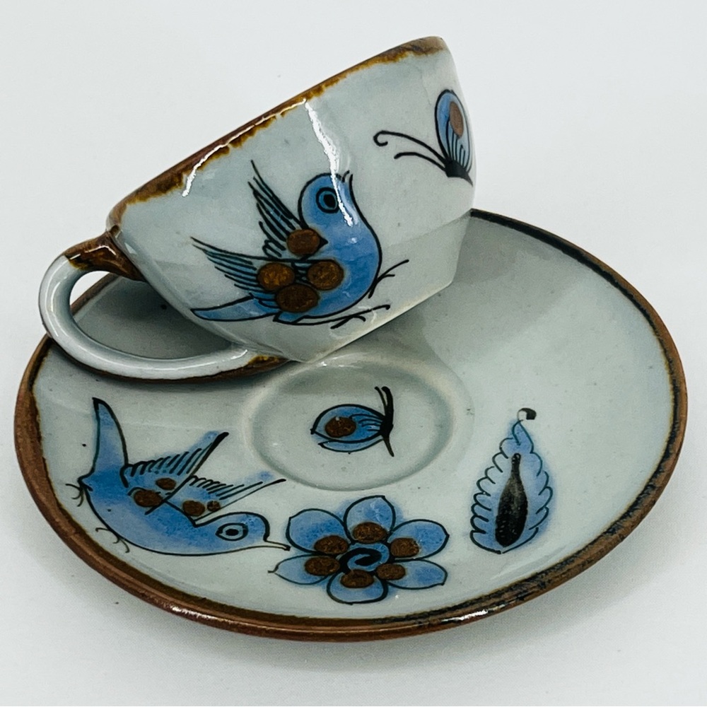 Vintage Ken Edwards Tonala Pottery Cup & Saucer Set El Palomar Blue Bird Signed - Picture 9 of 14